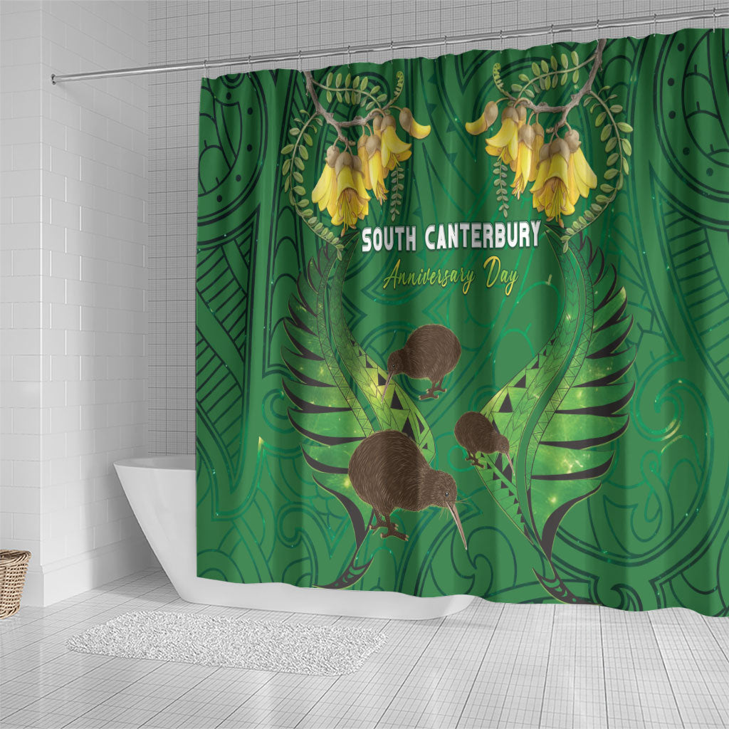 South Canterbury Anniversary Day Shower Curtain Kiwi Kowhai Silver Fern Maori Pattern