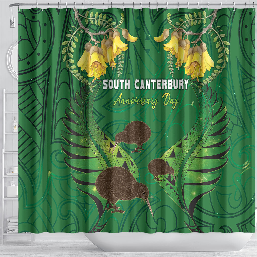 South Canterbury Anniversary Day Shower Curtain Kiwi Kowhai Silver Fern Maori Pattern