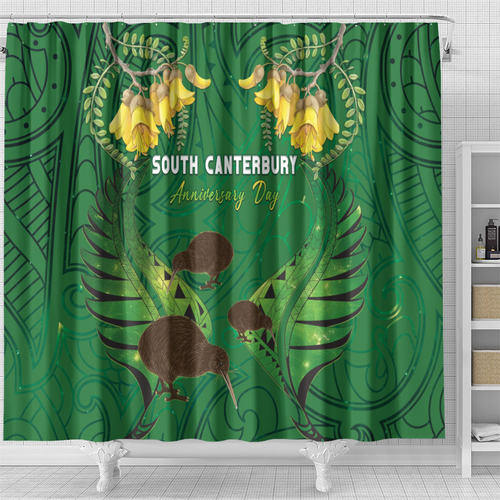 South Canterbury Anniversary Day Shower Curtain Kiwi Kowhai Silver Fern Maori Pattern