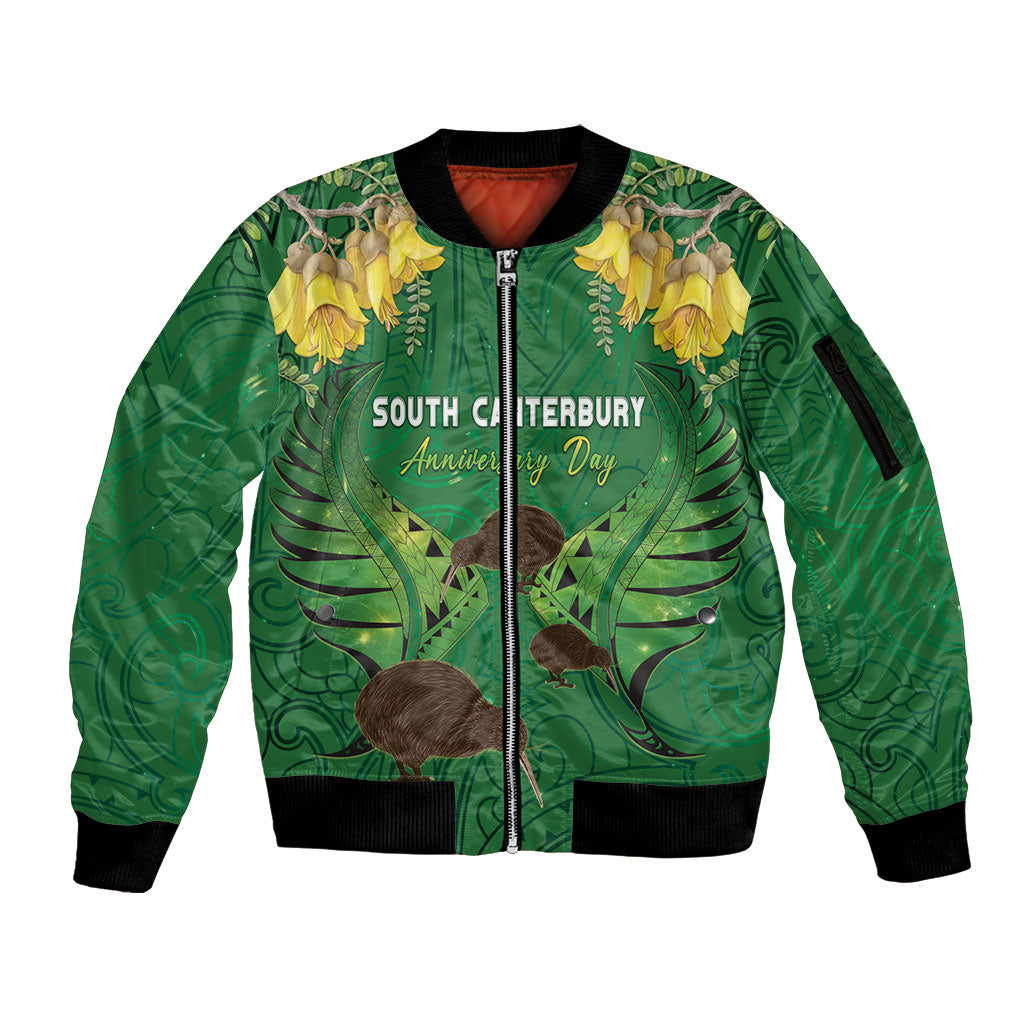 Personalised South Canterbury Anniversary Day Sleeve Zip Bomber Jacket Kiwi Kowhai Silver Fern Maori Pattern