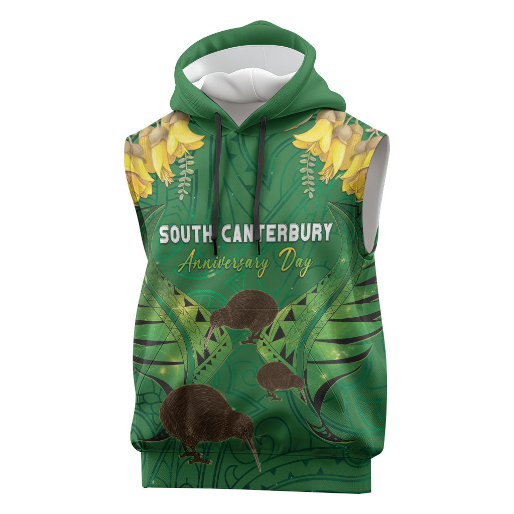Personalised South Canterbury Anniversary Day Sleeveless Hoodie Kiwi Kowhai Silver Fern Maori Pattern