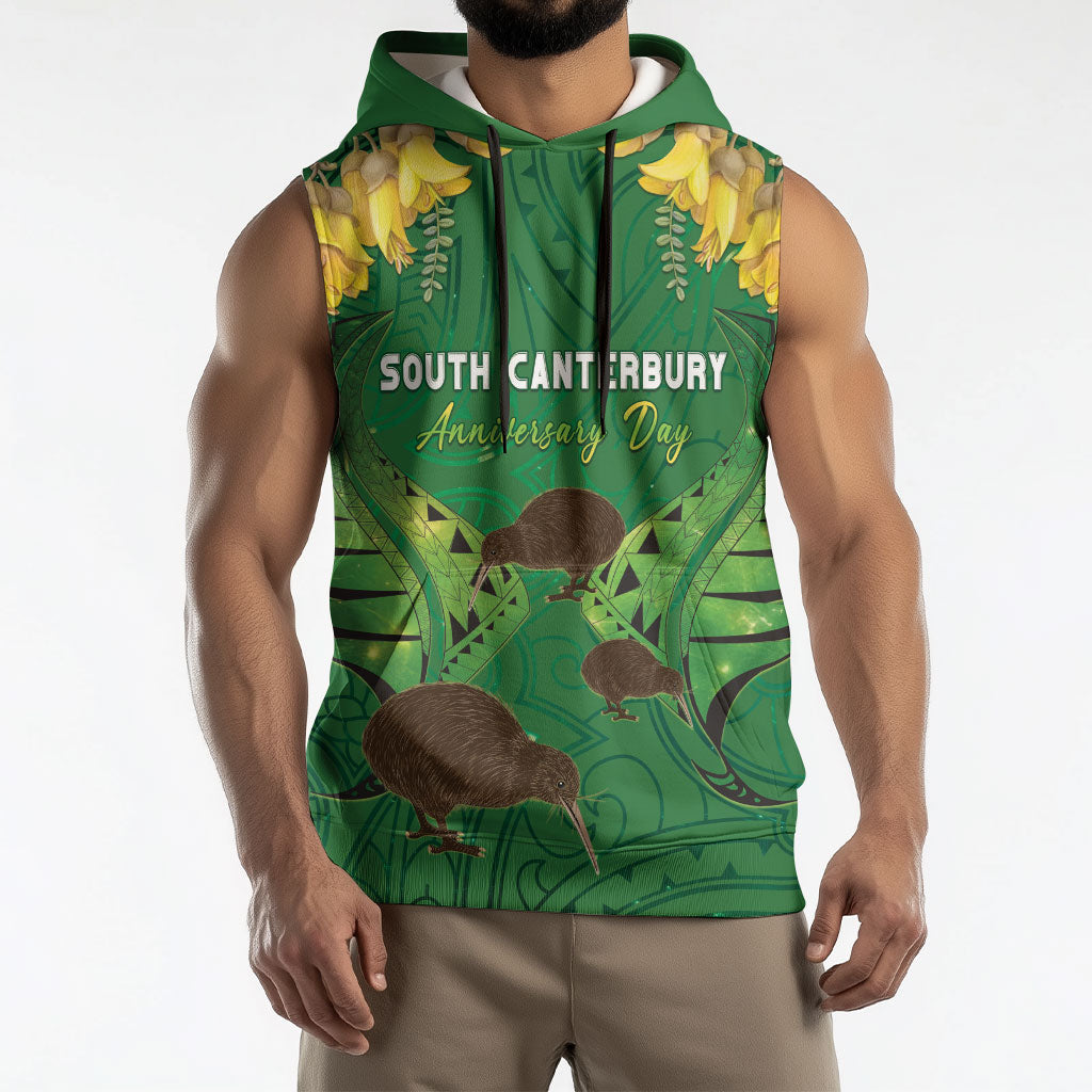 Personalised South Canterbury Anniversary Day Sleeveless Hoodie Kiwi Kowhai Silver Fern Maori Pattern
