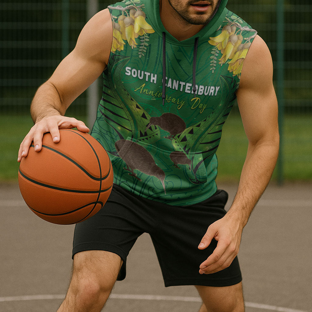 Personalised South Canterbury Anniversary Day Sleeveless Hoodie Kiwi Kowhai Silver Fern Maori Pattern