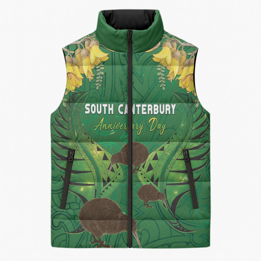 Personalised South Canterbury Anniversary Day Sleeveless Puffer Jacket Kiwi Kowhai Silver Fern Maori Pattern