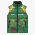 Personalised South Canterbury Anniversary Day Sleeveless Puffer Jacket Kiwi Kowhai Silver Fern Maori Pattern