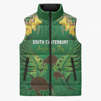 Personalised South Canterbury Anniversary Day Sleeveless Puffer Jacket Kiwi Kowhai Silver Fern Maori Pattern