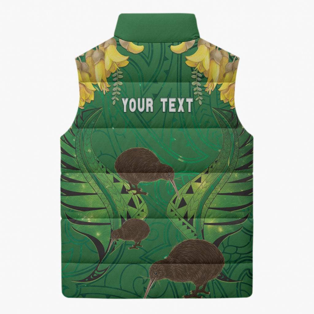 Personalised South Canterbury Anniversary Day Sleeveless Puffer Jacket Kiwi Kowhai Silver Fern Maori Pattern