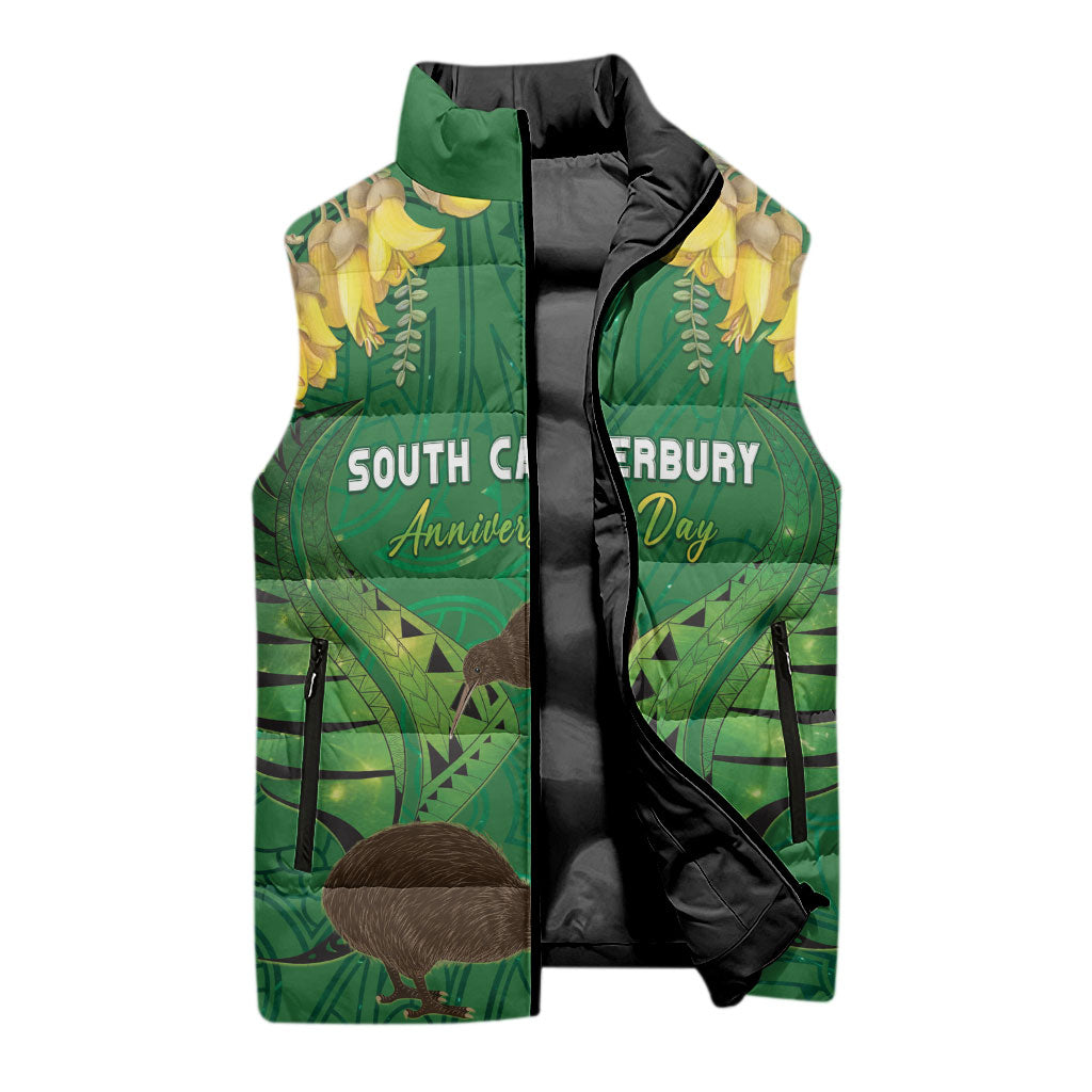 Personalised South Canterbury Anniversary Day Sleeveless Puffer Jacket Kiwi Kowhai Silver Fern Maori Pattern