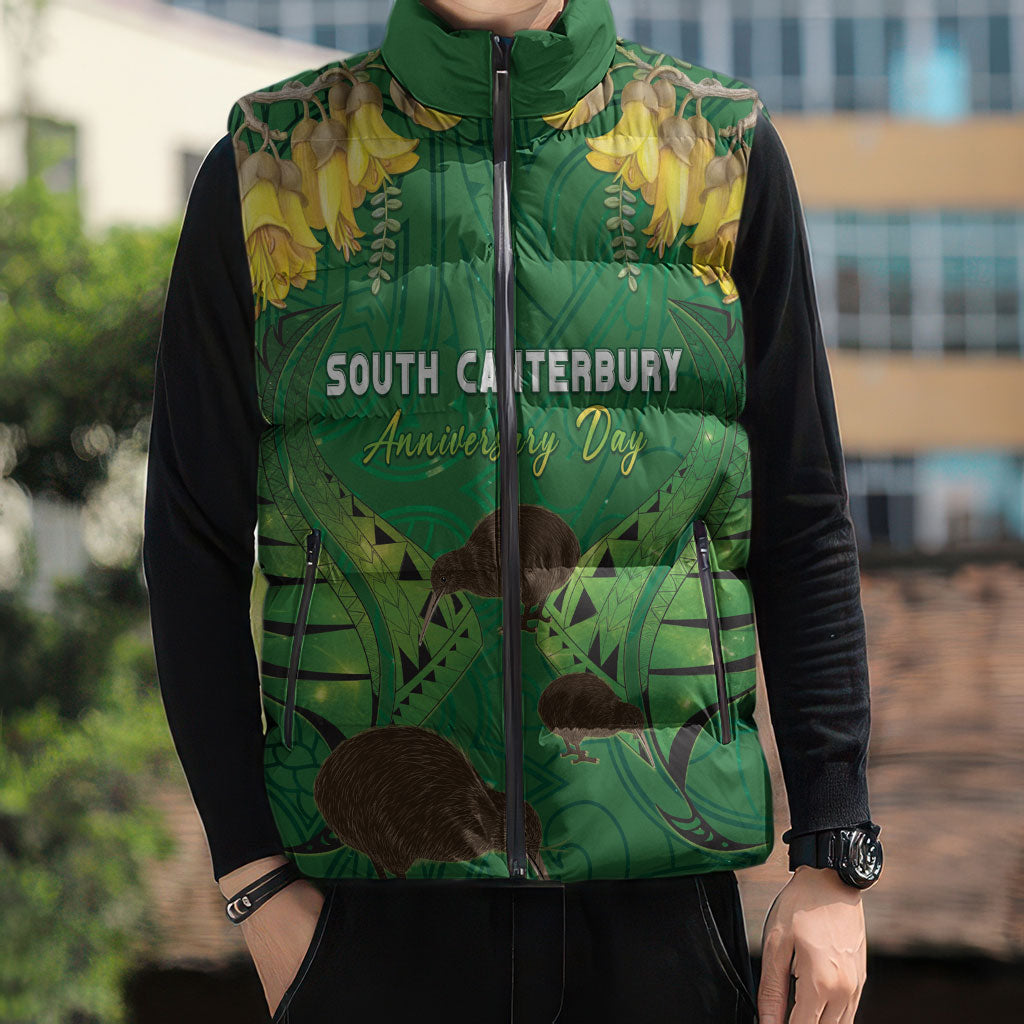 Personalised South Canterbury Anniversary Day Sleeveless Puffer Jacket Kiwi Kowhai Silver Fern Maori Pattern