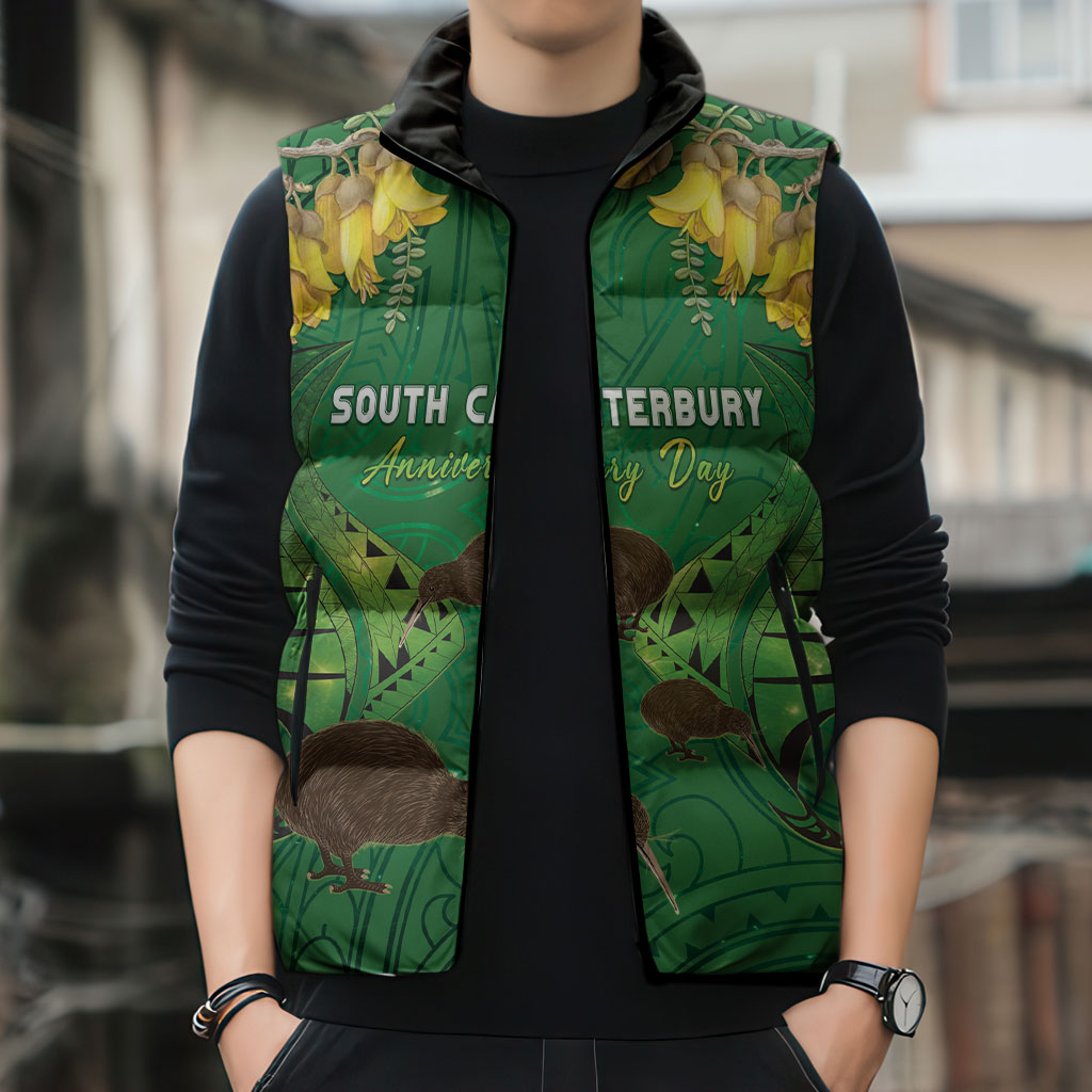 Personalised South Canterbury Anniversary Day Sleeveless Puffer Jacket Kiwi Kowhai Silver Fern Maori Pattern