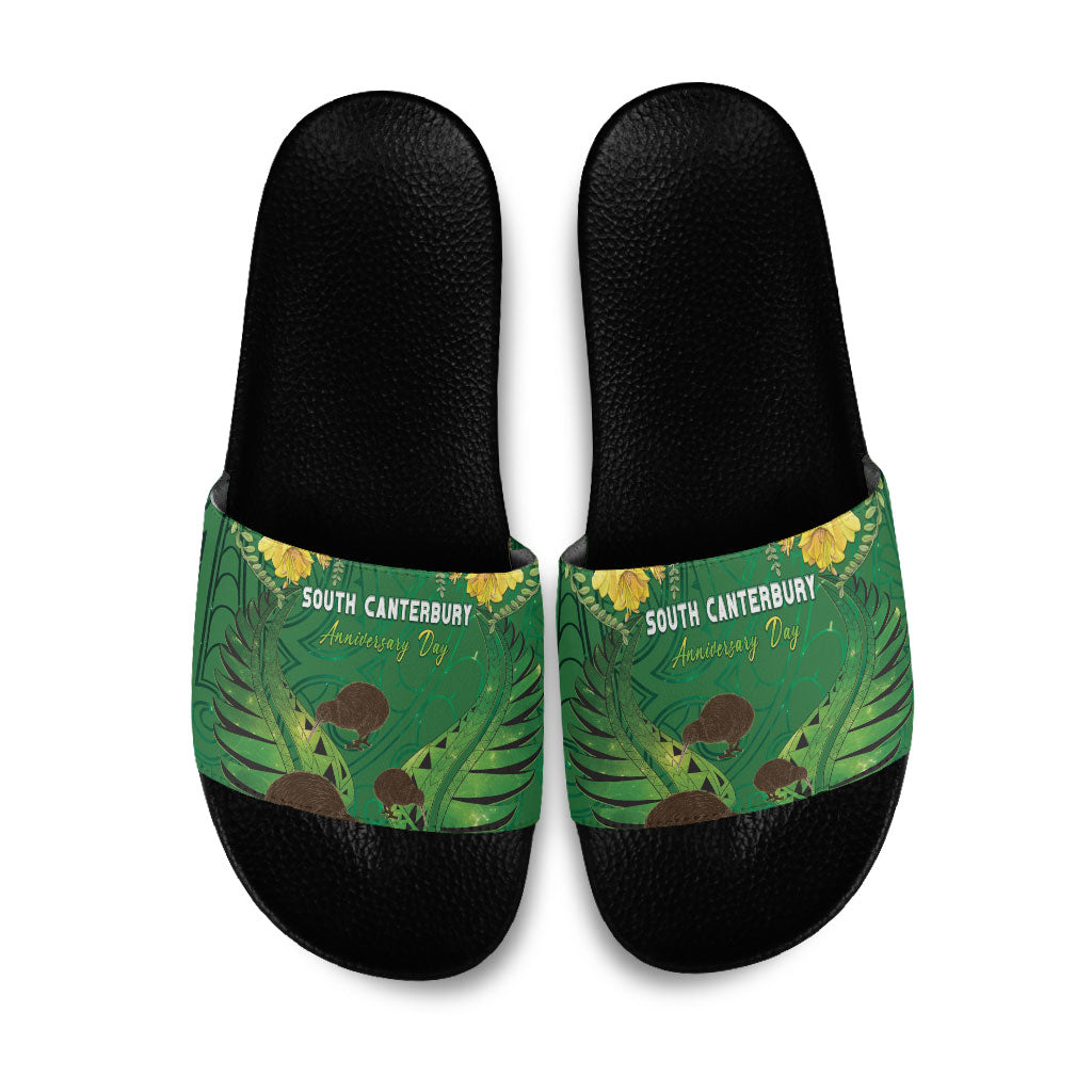 South Canterbury Anniversary Day Slide Sandals Kiwi Kowhai Silver Fern Maori Pattern