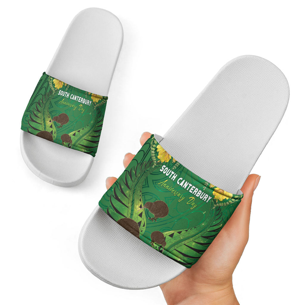 South Canterbury Anniversary Day Slide Sandals Kiwi Kowhai Silver Fern Maori Pattern