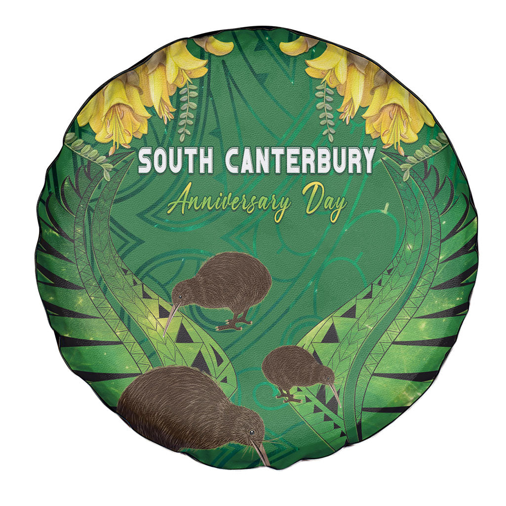 South Canterbury Anniversary Day Spare Tire Cover Kiwi Kowhai Silver Fern Maori Pattern