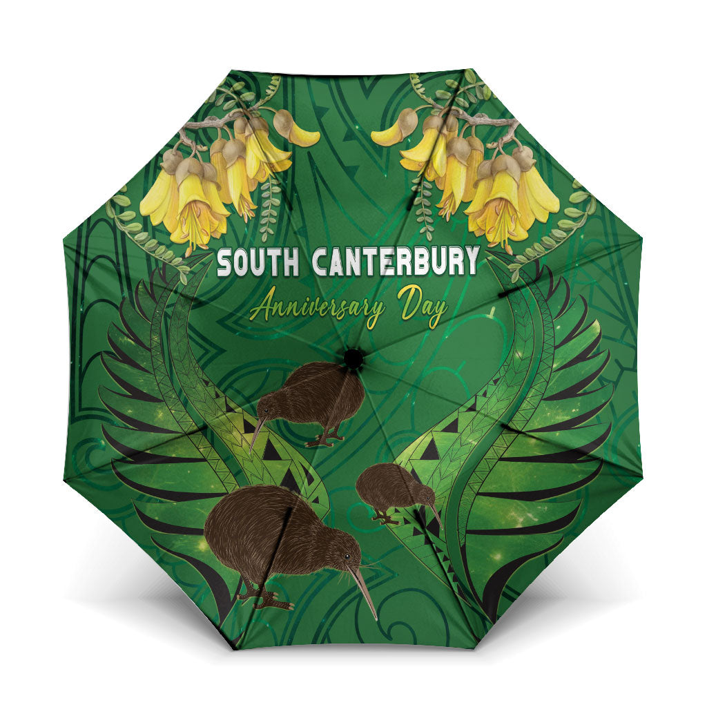 South Canterbury Anniversary Day Umbrella Kiwi Kowhai Silver Fern Maori Pattern