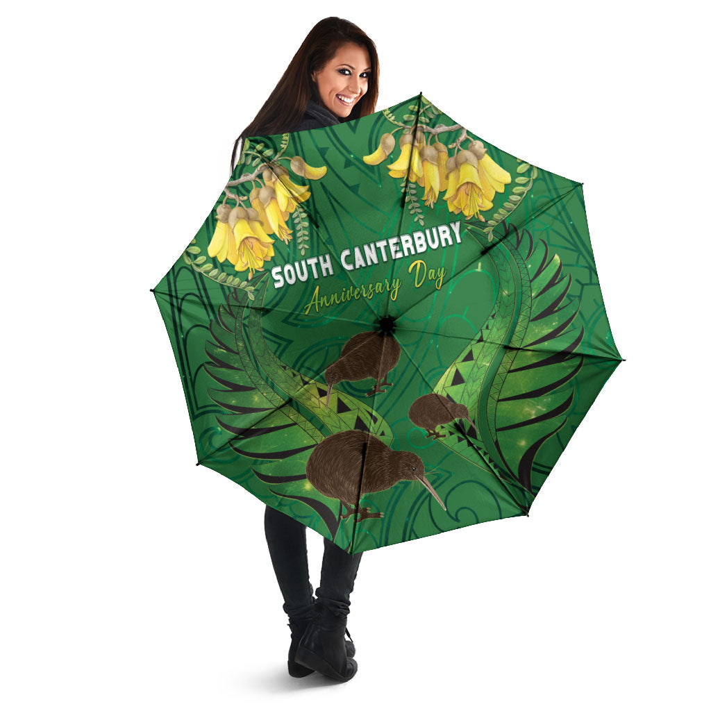 South Canterbury Anniversary Day Umbrella Kiwi Kowhai Silver Fern Maori Pattern