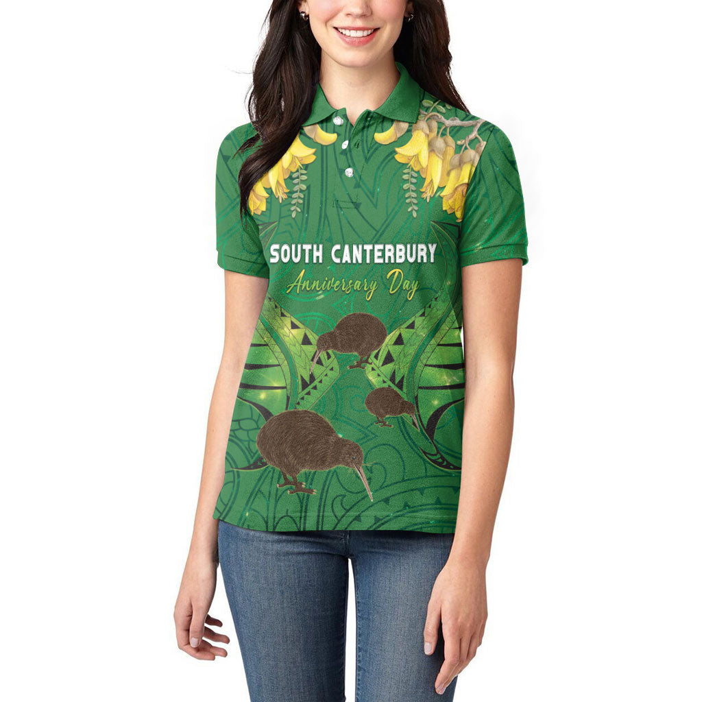 Personalised South Canterbury Anniversary Day Women Polo Shirt Kiwi Kowhai Silver Fern Maori Pattern