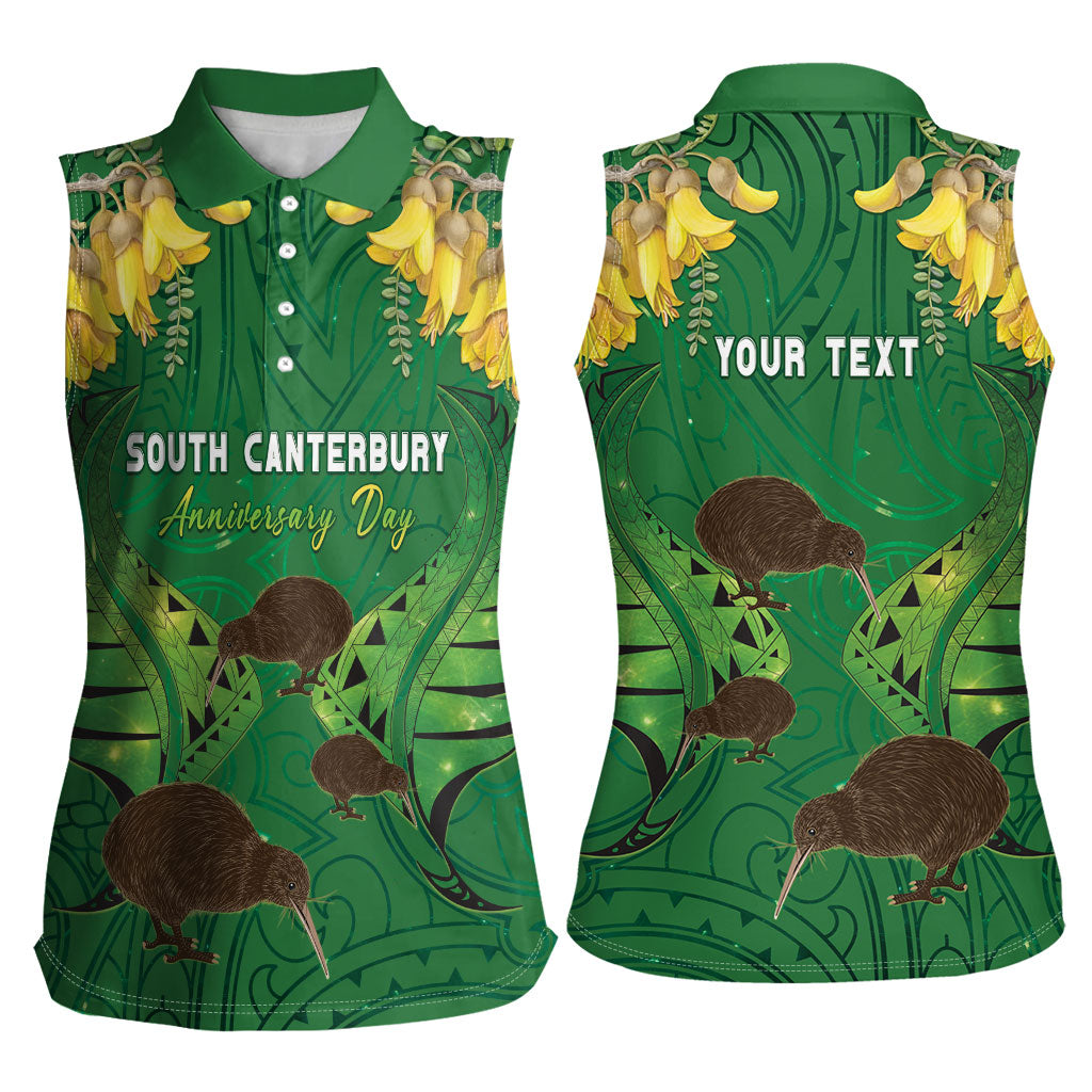 Personalised South Canterbury Anniversary Day Women Sleeveless Polo Shirt Kiwi Kowhai Silver Fern Maori Pattern