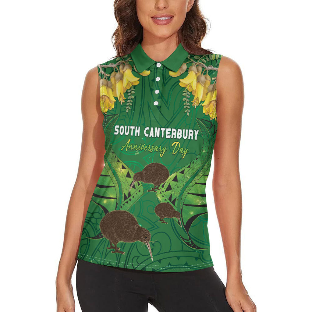 Personalised South Canterbury Anniversary Day Women Sleeveless Polo Shirt Kiwi Kowhai Silver Fern Maori Pattern