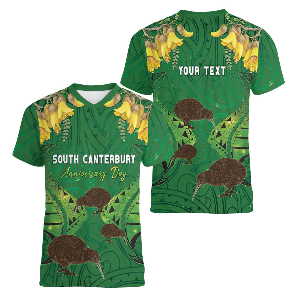 Personalised South Canterbury Anniversary Day Women V-Neck T-Shirt Kiwi Kowhai Silver Fern Maori Pattern