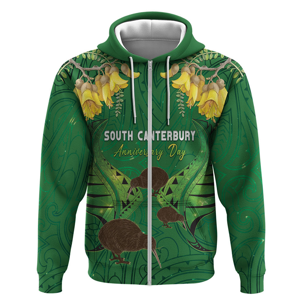 Personalised South Canterbury Anniversary Day Zip Hoodie Kiwi Kowhai Silver Fern Maori Pattern