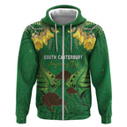 Personalised South Canterbury Anniversary Day Zip Hoodie Kiwi Kowhai Silver Fern Maori Pattern