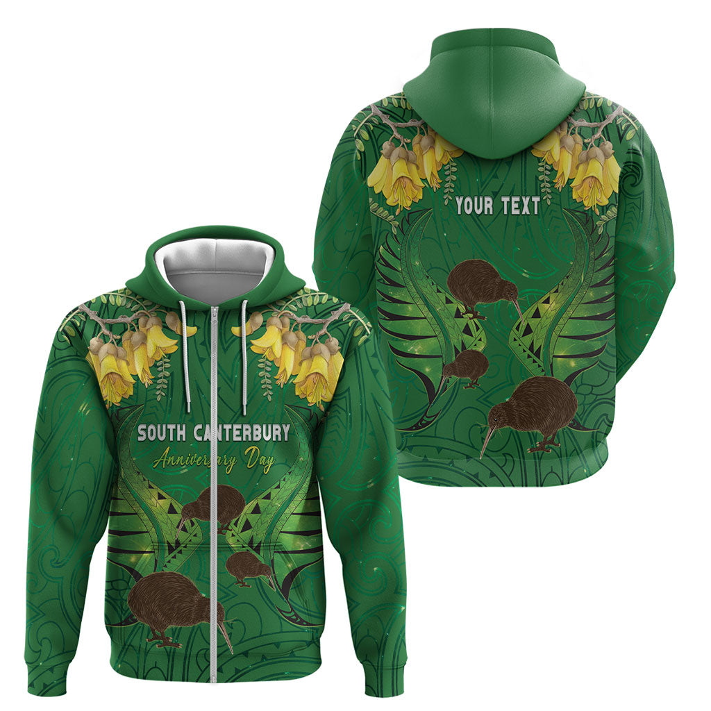 Personalised South Canterbury Anniversary Day Zip Hoodie Kiwi Kowhai Silver Fern Maori Pattern