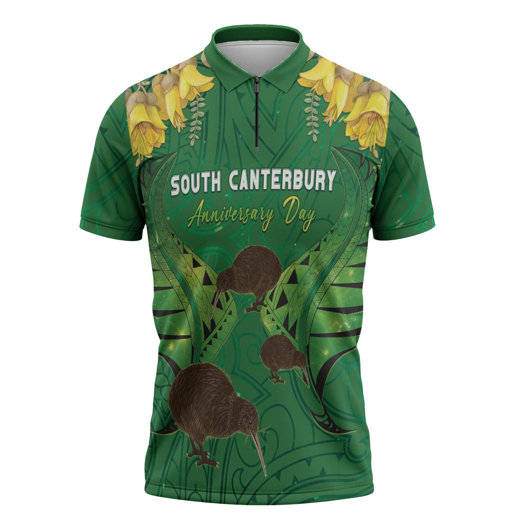 Personalised South Canterbury Anniversary Day Zipper Polo Shirt Kiwi Kowhai Silver Fern Maori Pattern