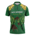 Personalised South Canterbury Anniversary Day Zipper Polo Shirt Kiwi Kowhai Silver Fern Maori Pattern