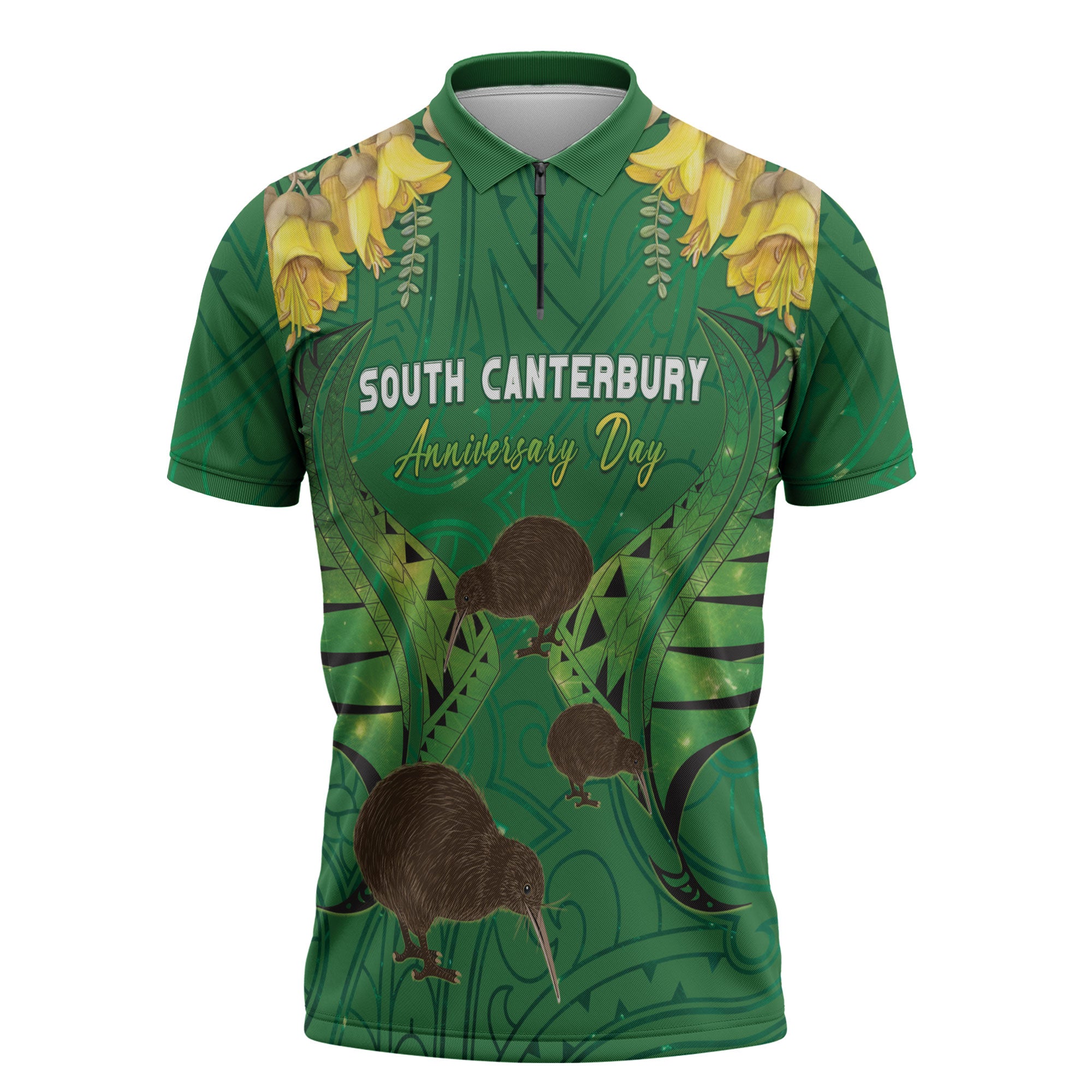 Personalised South Canterbury Anniversary Day Zipper Polo Shirt Kiwi Kowhai Silver Fern Maori Pattern