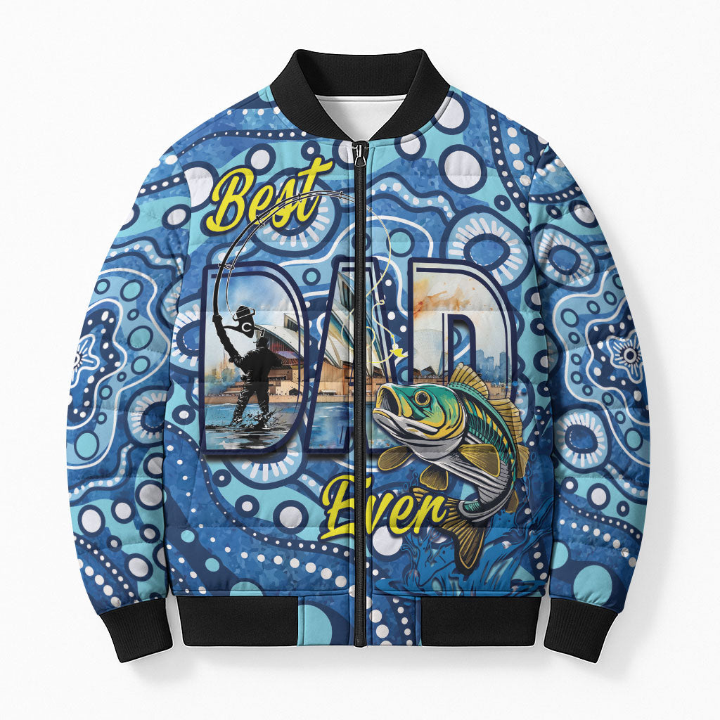 Personalised Australia Father's Day Bomber Puffer Jacket Aussie Fishing Best Dad Ever Aboriginal Pattern