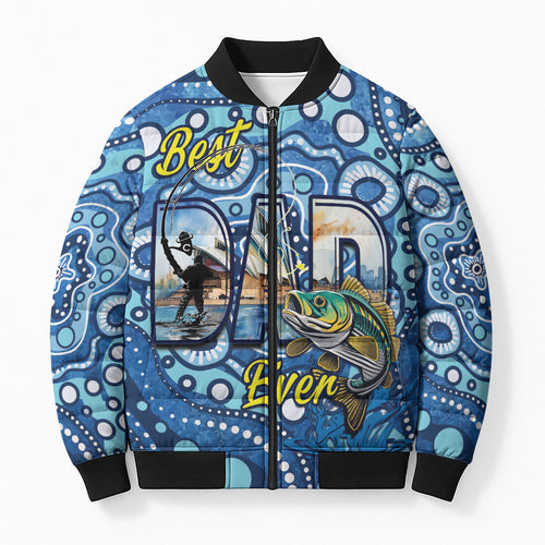 Personalised Australia Father's Day Bomber Puffer Jacket Aussie Fishing Best Dad Ever Aboriginal Pattern
