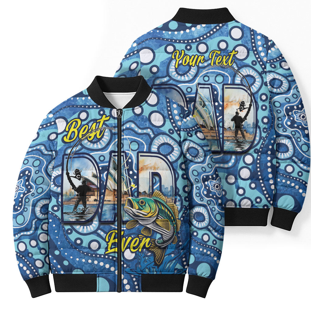 Personalised Australia Father's Day Bomber Puffer Jacket Aussie Fishing Best Dad Ever Aboriginal Pattern