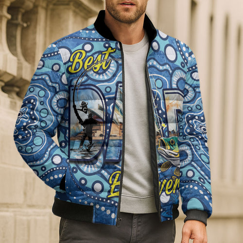 Personalised Australia Father's Day Bomber Puffer Jacket Aussie Fishing Best Dad Ever Aboriginal Pattern