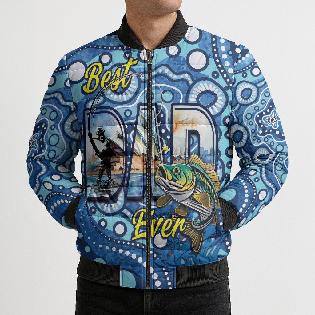 Personalised Australia Father's Day Bomber Puffer Jacket Aussie Fishing Best Dad Ever Aboriginal Pattern
