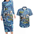Personalised Australia Father's Day Couples Matching Long Sleeve Bodycon Dress and Hawaiian Shirt Aussie Fishing Best Dad Ever Aboriginal Pattern