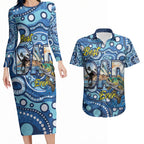 Personalised Australia Father's Day Couples Matching Long Sleeve Bodycon Dress and Hawaiian Shirt Aussie Fishing Best Dad Ever Aboriginal Pattern