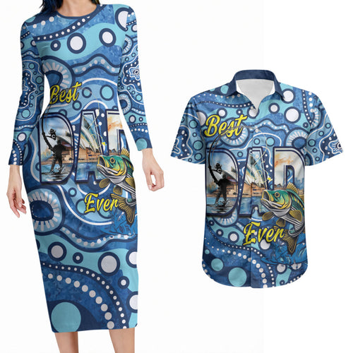 Personalised Australia Father's Day Couples Matching Long Sleeve Bodycon Dress and Hawaiian Shirt Aussie Fishing Best Dad Ever Aboriginal Pattern