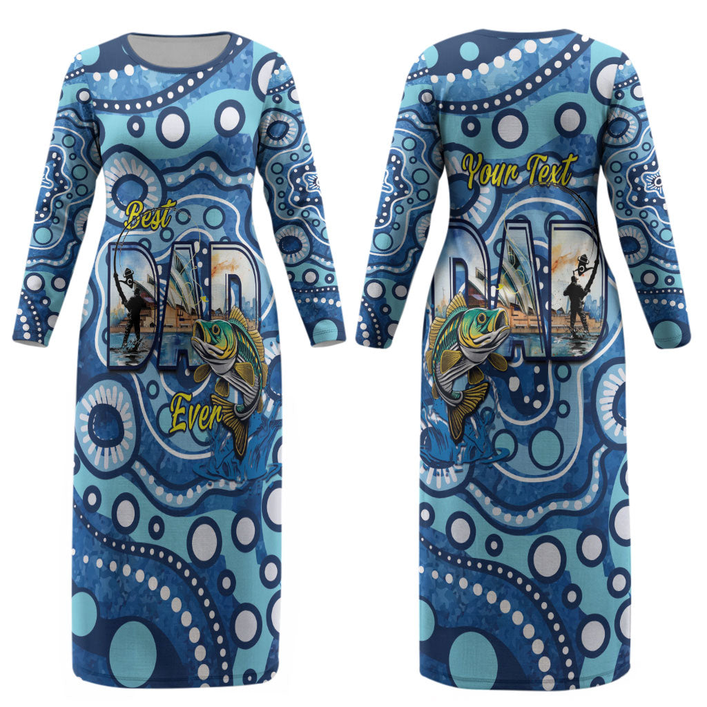 Personalised Australia Father's Day Couples Matching Long Sleeve Bodycon Dress and Hawaiian Shirt Aussie Fishing Best Dad Ever Aboriginal Pattern