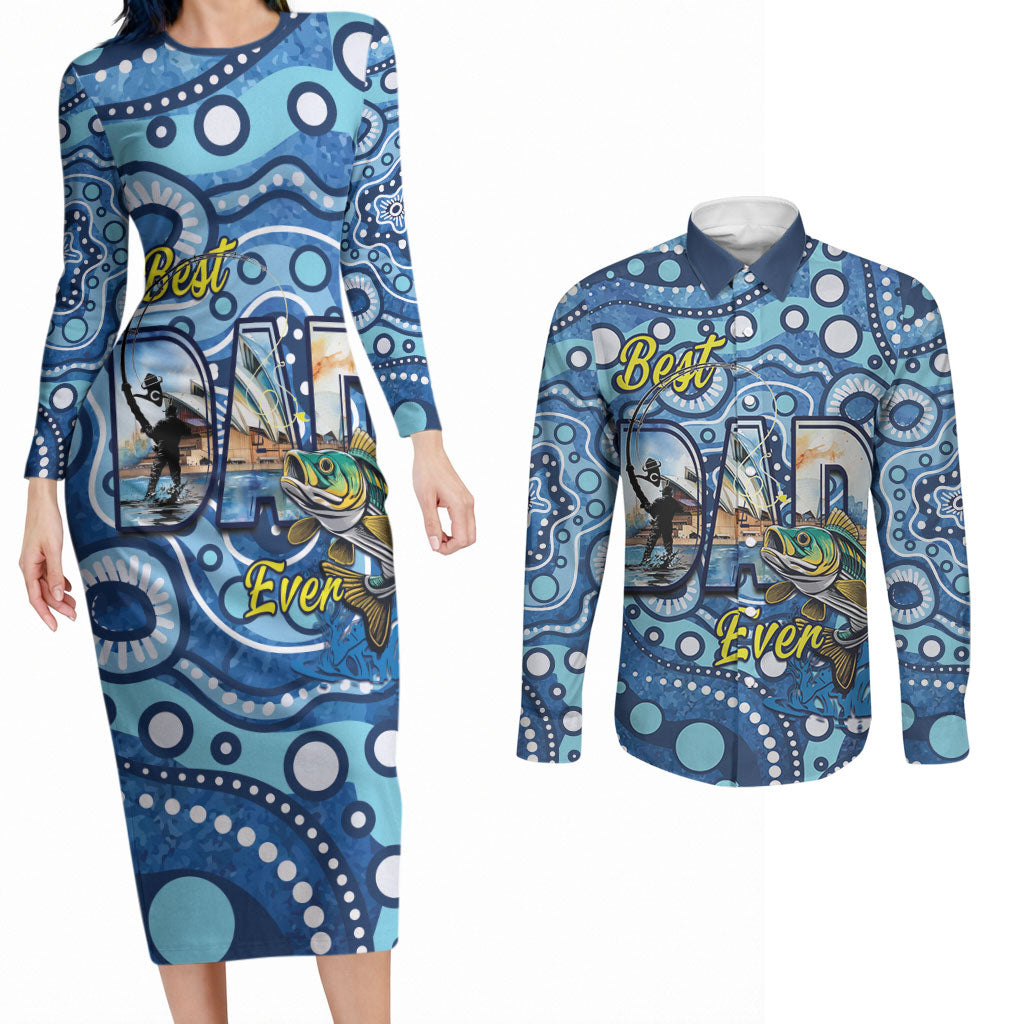 Personalised Australia Father's Day Couples Matching Long Sleeve Bodycon Dress and Long Sleeve Button Shirt Aussie Fishing Best Dad Ever Aboriginal Pattern