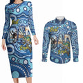Personalised Australia Father's Day Couples Matching Long Sleeve Bodycon Dress and Long Sleeve Button Shirt Aussie Fishing Best Dad Ever Aboriginal Pattern