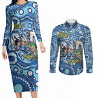 Personalised Australia Father's Day Couples Matching Long Sleeve Bodycon Dress and Long Sleeve Button Shirt Aussie Fishing Best Dad Ever Aboriginal Pattern