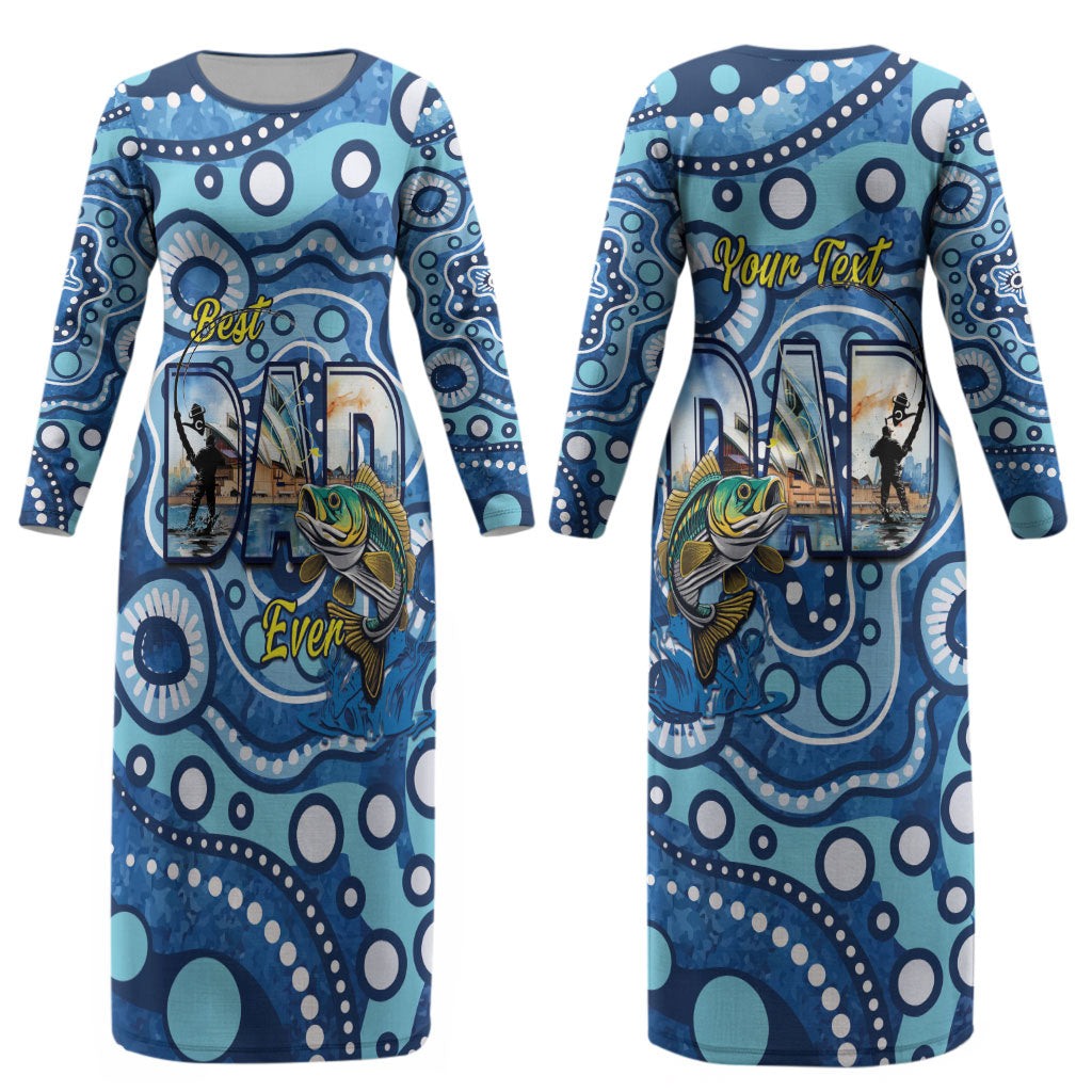 Personalised Australia Father's Day Couples Matching Long Sleeve Bodycon Dress and Long Sleeve Button Shirt Aussie Fishing Best Dad Ever Aboriginal Pattern