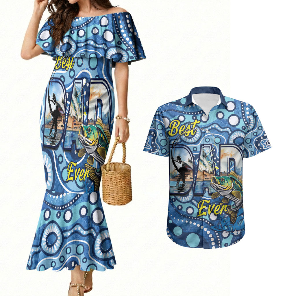 Personalised Australia Father's Day Couples Matching Mermaid Dress and Hawaiian Shirt Aussie Fishing Best Dad Ever Aboriginal Pattern