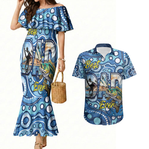 Personalised Australia Father's Day Couples Matching Mermaid Dress and Hawaiian Shirt Aussie Fishing Best Dad Ever Aboriginal Pattern