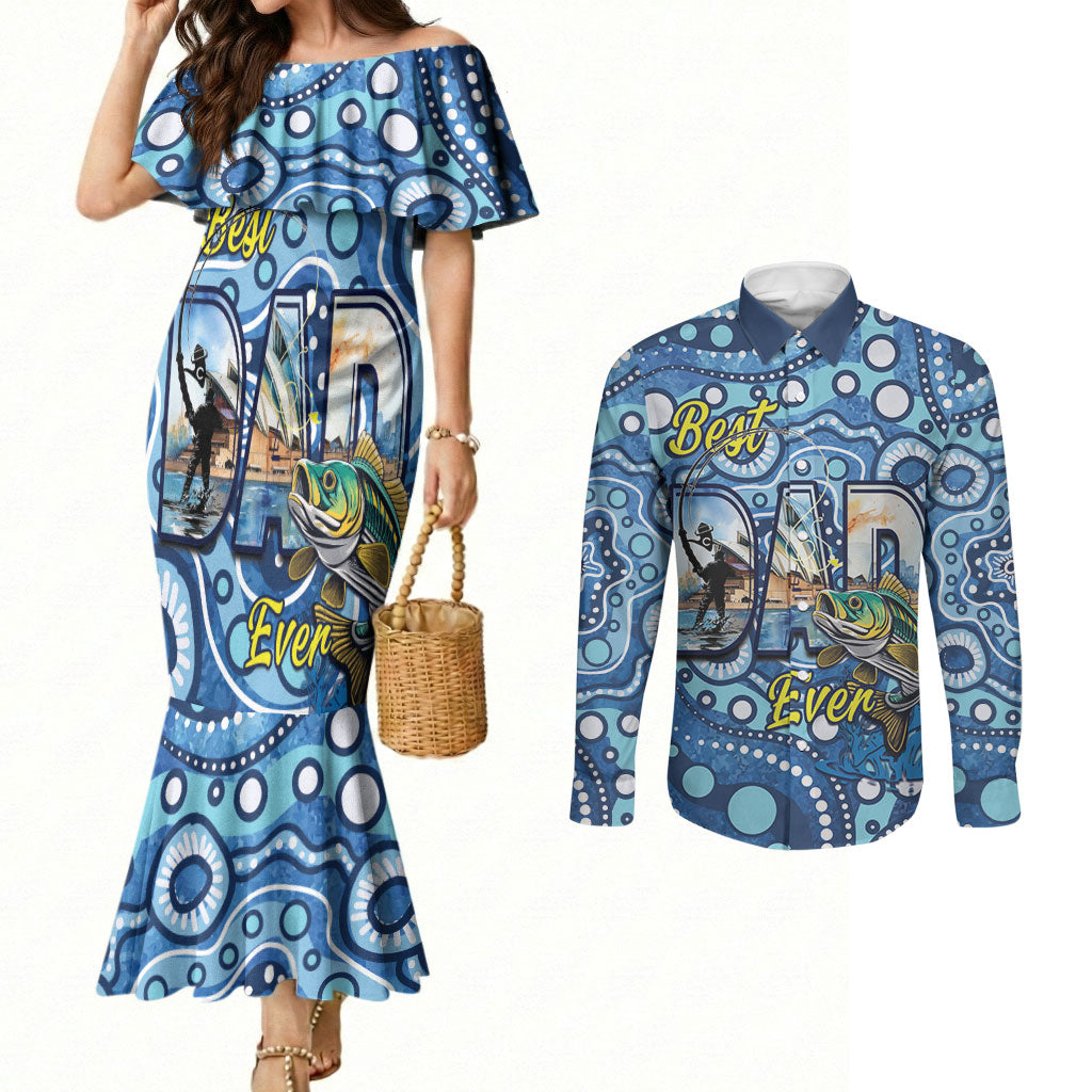 Personalised Australia Father's Day Couples Matching Mermaid Dress and Long Sleeve Button Shirt Aussie Fishing Best Dad Ever Aboriginal Pattern