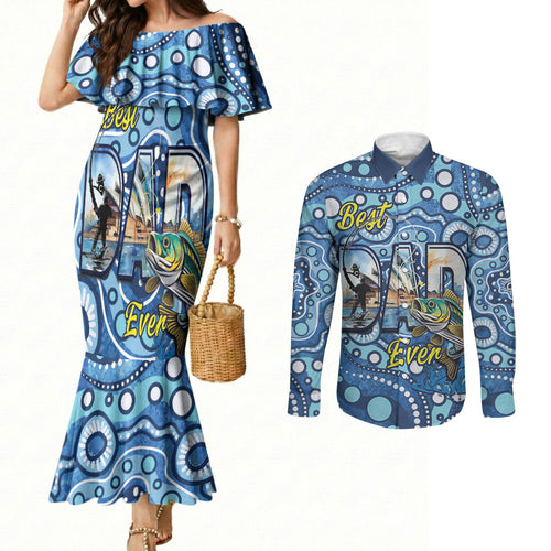 Personalised Australia Father's Day Couples Matching Mermaid Dress and Long Sleeve Button Shirt Aussie Fishing Best Dad Ever Aboriginal Pattern