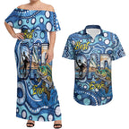 Personalised Australia Father's Day Couples Matching Off Shoulder Maxi Dress and Hawaiian Shirt Aussie Fishing Best Dad Ever Aboriginal Pattern