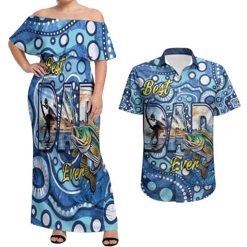 Personalised Australia Father's Day Couples Matching Off Shoulder Maxi Dress and Hawaiian Shirt Aussie Fishing Best Dad Ever Aboriginal Pattern