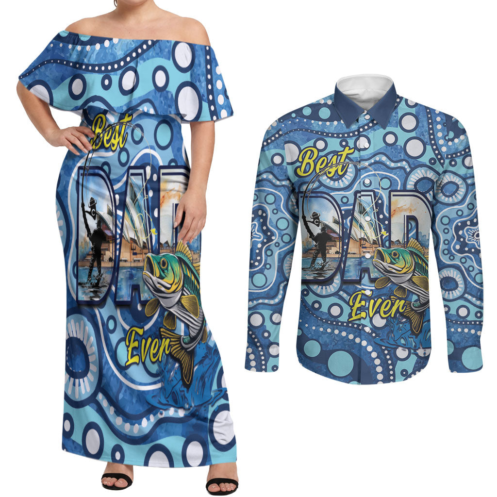 Personalised Australia Father's Day Couples Matching Off Shoulder Maxi Dress and Long Sleeve Button Shirt Aussie Fishing Best Dad Ever Aboriginal Pattern