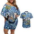 Personalised Australia Father's Day Couples Matching Off Shoulder Short Dress and Hawaiian Shirt Aussie Fishing Best Dad Ever Aboriginal Pattern